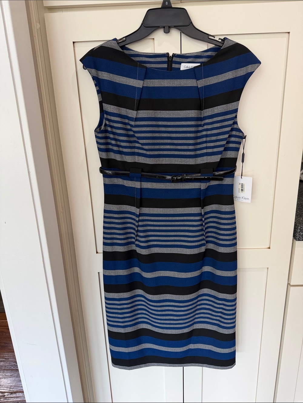 Calvin Klein Blue, Black and Gray Striped Belted Midi Dress